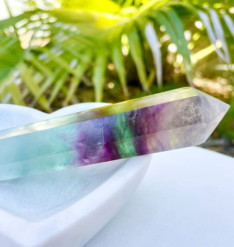 Rainbow Fluorite Crystal In Stone Dish With Plan In Background
