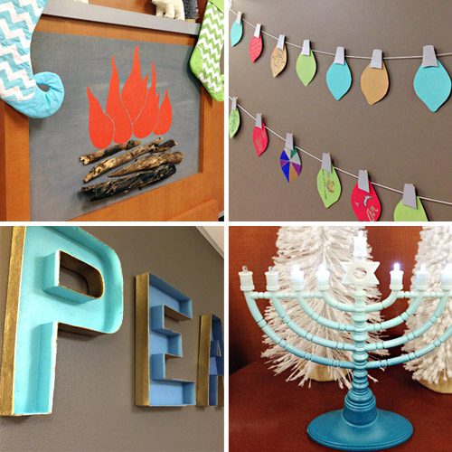 Grid of 4 Hands-on Holiday projects for Children's Hospital | Faux Fireplace | Paper Bulb Garland | Cardboard Letters | Gradient Menorah