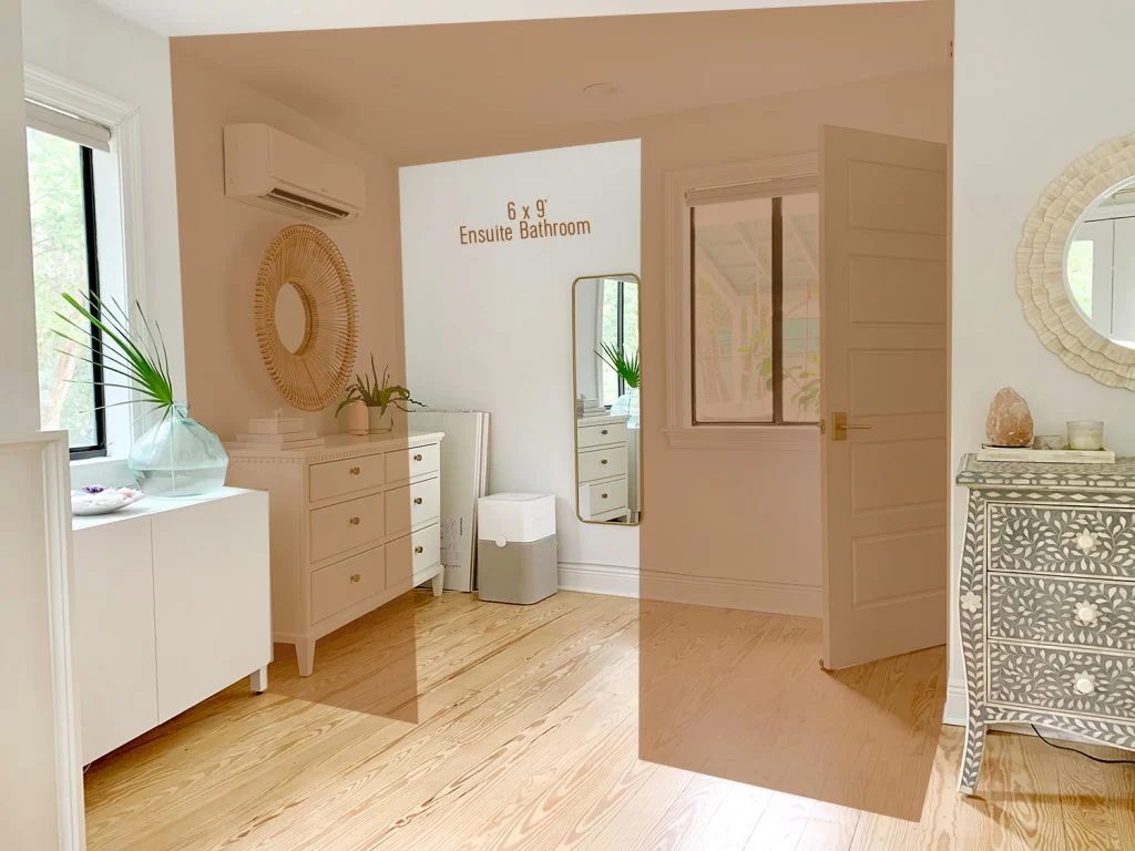 View of area that will become future bathroom with photoshop rendering over it