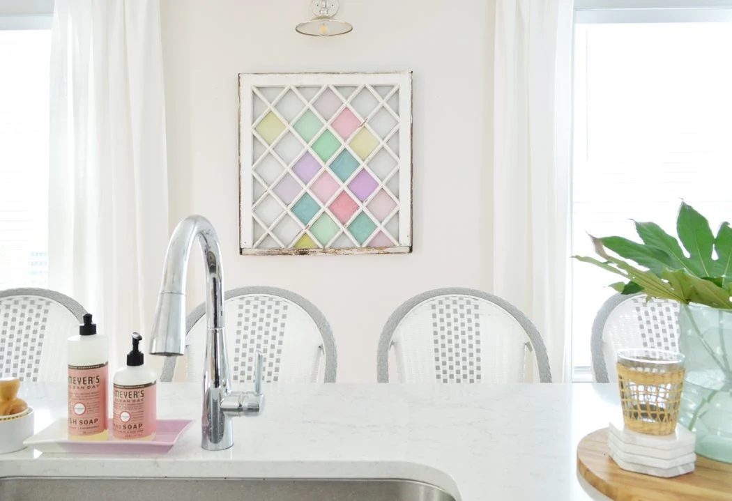 Color Hands-on Stained Glass Window Hanging Beyond Beach House Kitchen Island