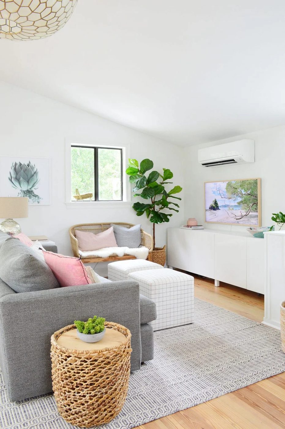Living Room With Vaulted Ceiling With Ikea Besta Storage Under TV