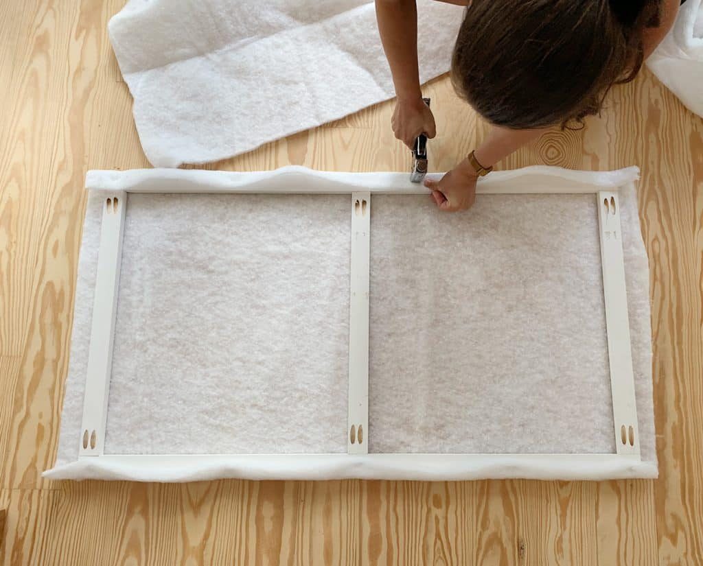 Sherry stapling fabric batting around wood frame for Hands-on upholstered headboard
