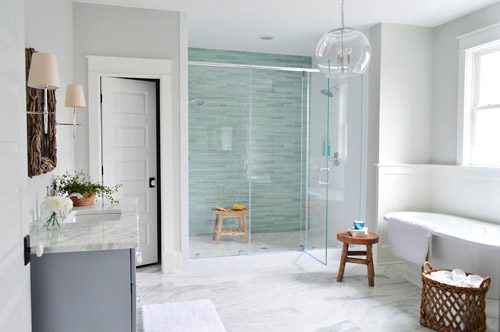 Modern Marble Bathroom With Freestanding Tub And Colorful Aqua Glass Tile Shower