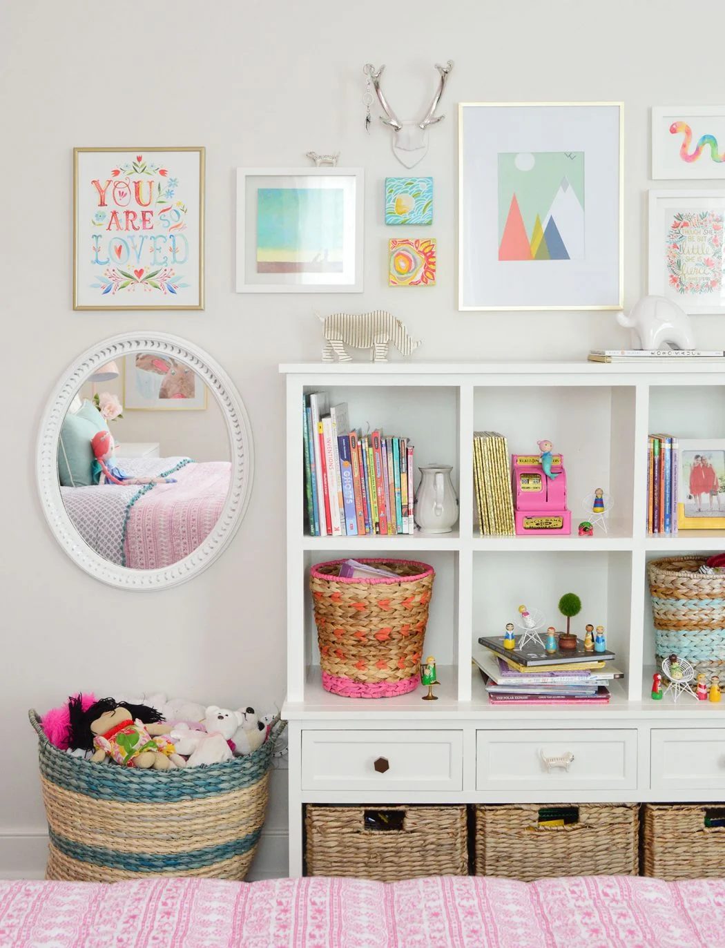 girls bedroom bookcase gallery frame wall