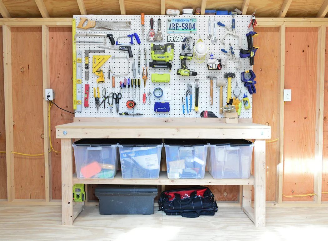 shed storage ideas tool workbench with pegboards