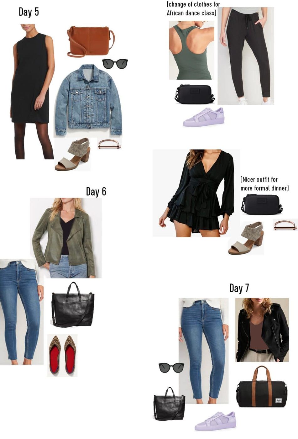 Grid of Day 5 through Day 7 outfits with distinct combos of jeans tops jackets shoes and purses