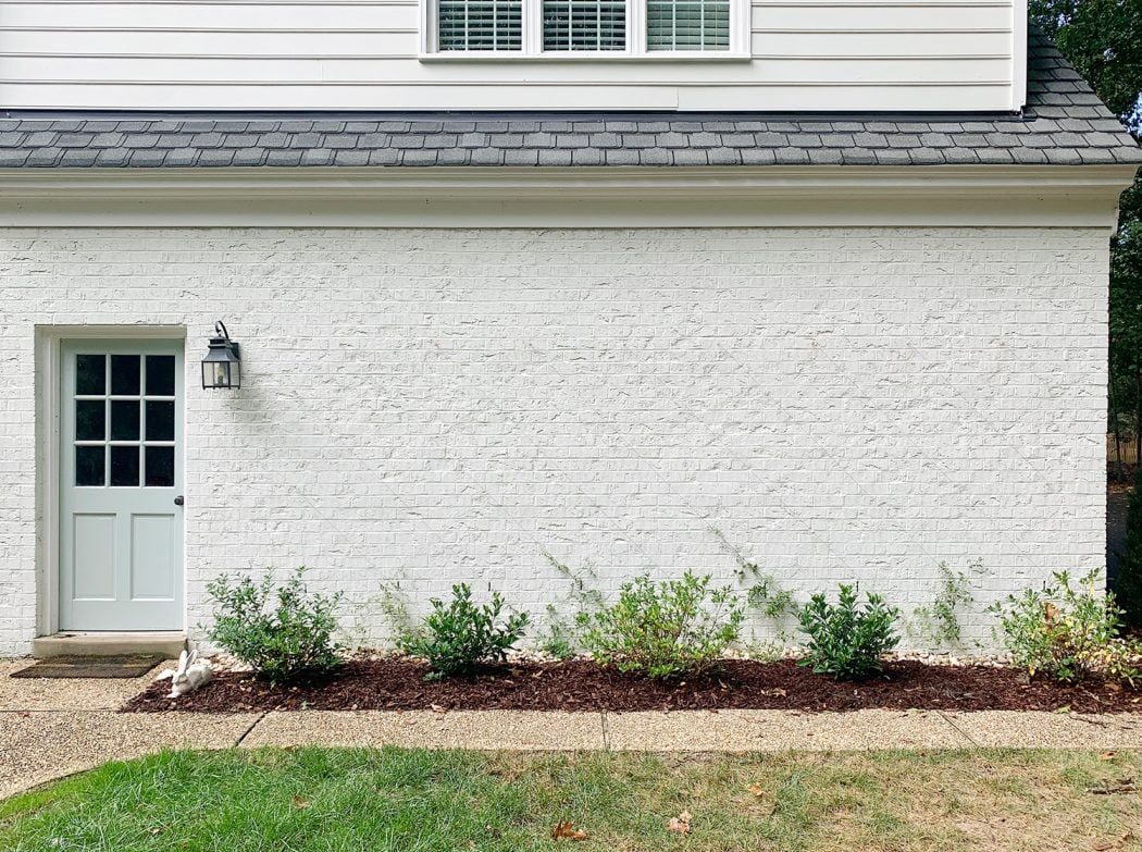 Far View Of Wrapped up Vine Trellis On Brick Garage Wall