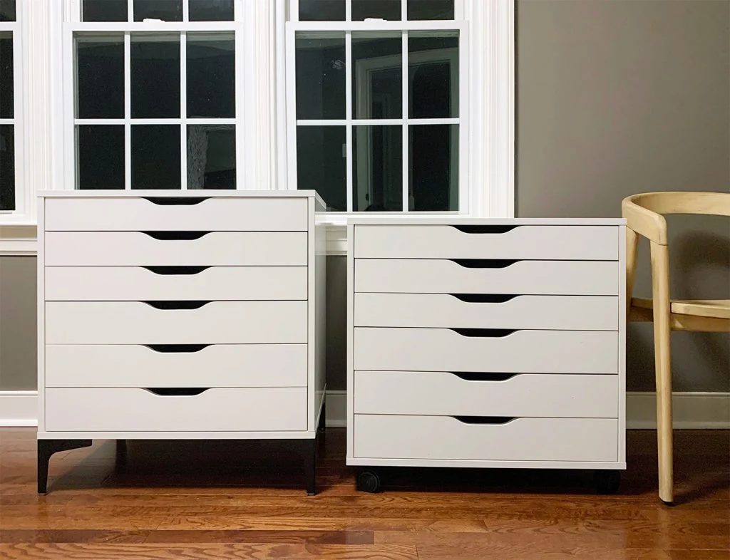 Ikea ALEX Drawer Units Side By Side With One Resting On Modern Black Legs