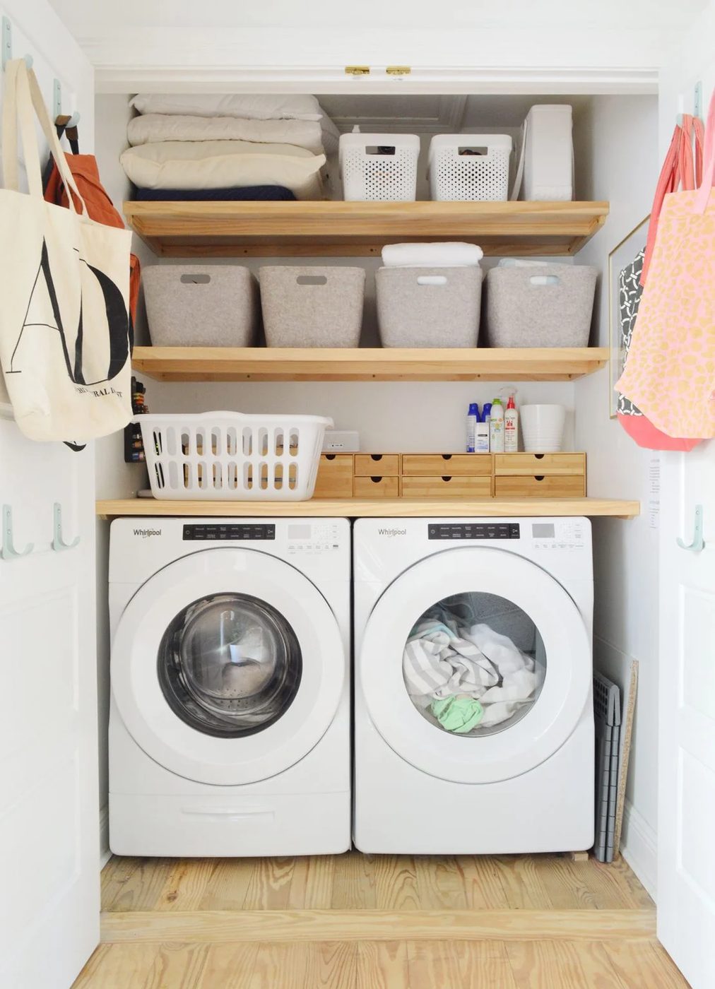 Laundry Closet With Blonde Wood Hands-on Storage Shelving