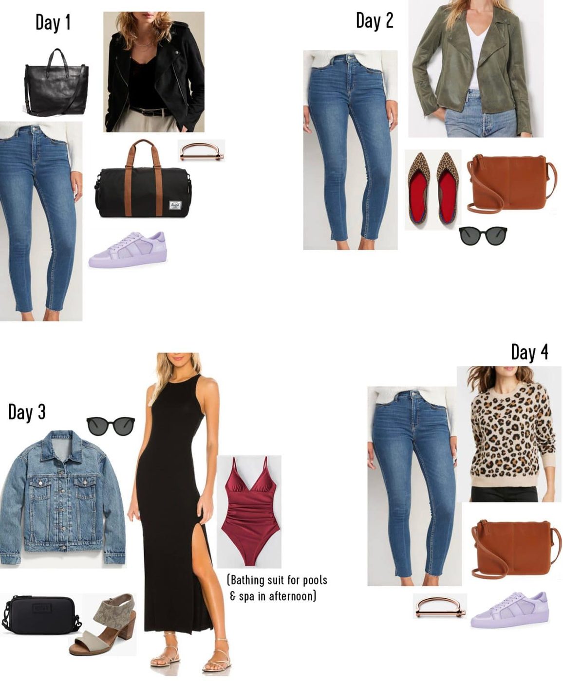 Grid of Day 1 through Day 4 outfits with distinct combos of jeans tops jackets shoes and purses