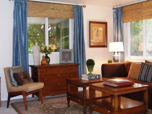 Adding Formal Blue Curtain & Bamboo Blinds