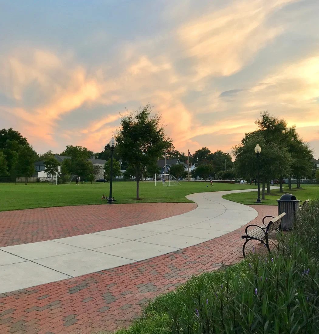 sunset with walking path in cape charles virginia central park