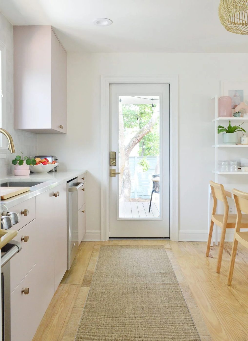View Towards Kitchen Porch Door In Painted Mauve Pink Ikea Kitchen With Jute Runner