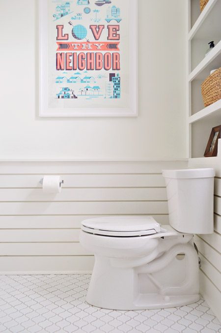 Slatted Wainscoting Bathroom With Assist Ink Art Above Toilet