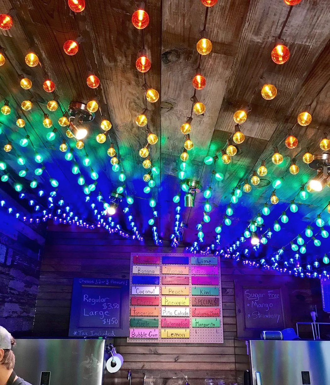 rainbow lights in peach beach shave ice shack in cape charles virginia