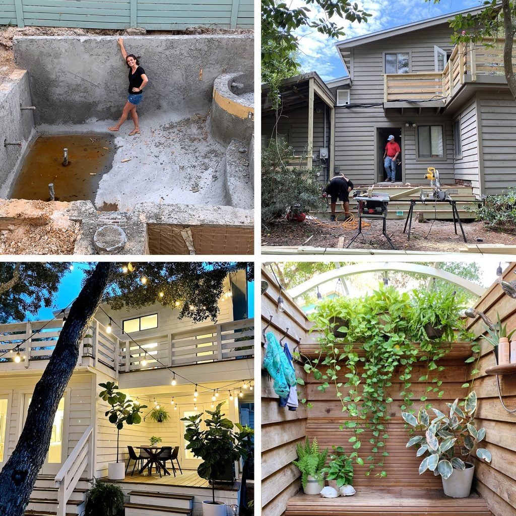 Grid of Four Images Pool Under Construction Exterior Of House Getting Painted Wrapped up Porch With Lights and Outdoor Shower With Plants