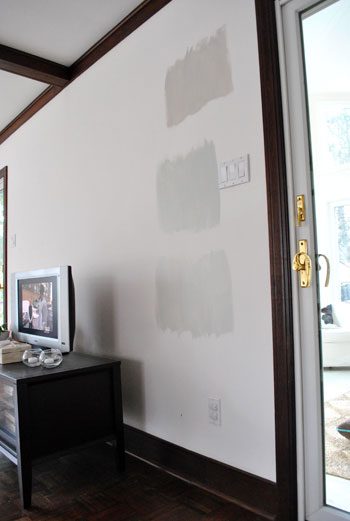 picking the ideal gray paint color by painting three test swatches onto the wall, Collingswood Grey Owl and Moonshine
