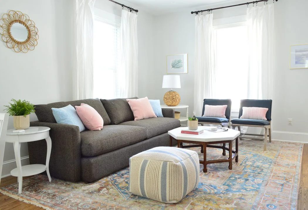 Duplex Living Room With Neutral Traditional Rug Crate And Barrel Sofa