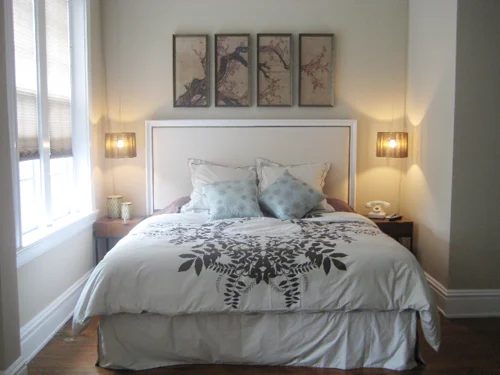 A Bedroom Makeover Alongside Hanging Pendant Lights Over The Nightstands