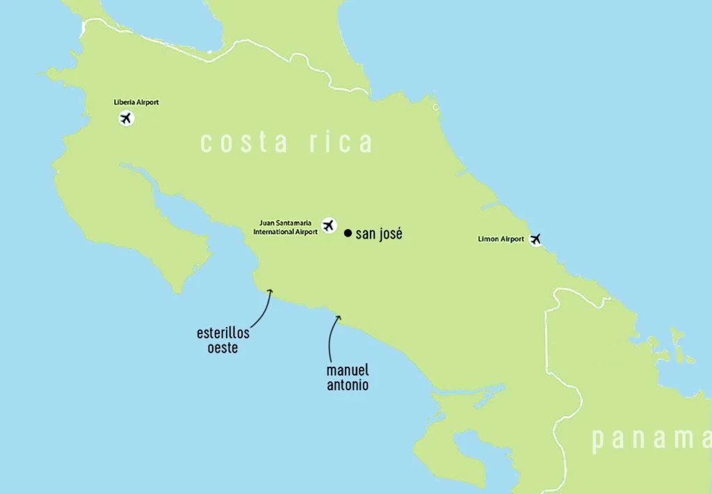 Costa Rica Map With Esterillos Oeste and Manuel Antonio labeled