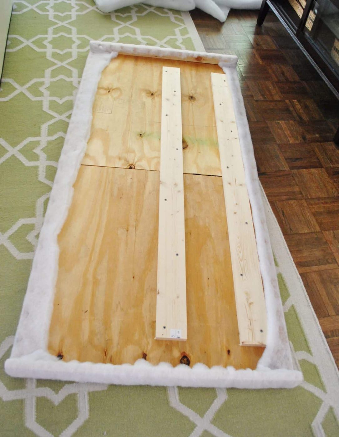 Wrapped up batting stapled to back of Hands-on headboard frame