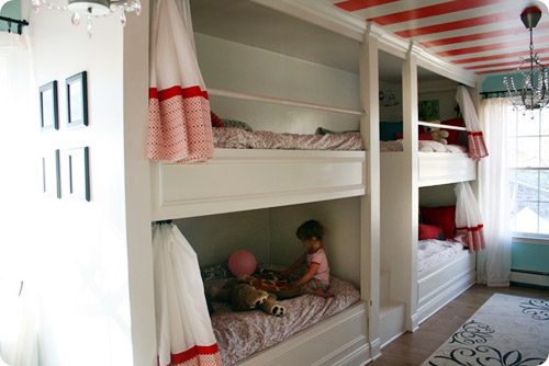 A Red, White, & Teal Bunkroom For 4 Girls