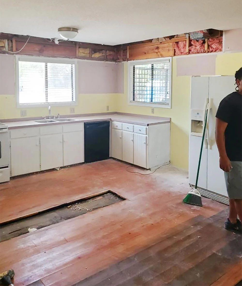 Demo progress of kitchen with soffit took out
