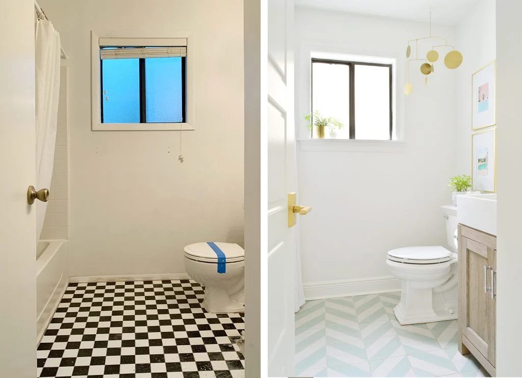 Before and After of Florida Bathroom with patterned floors