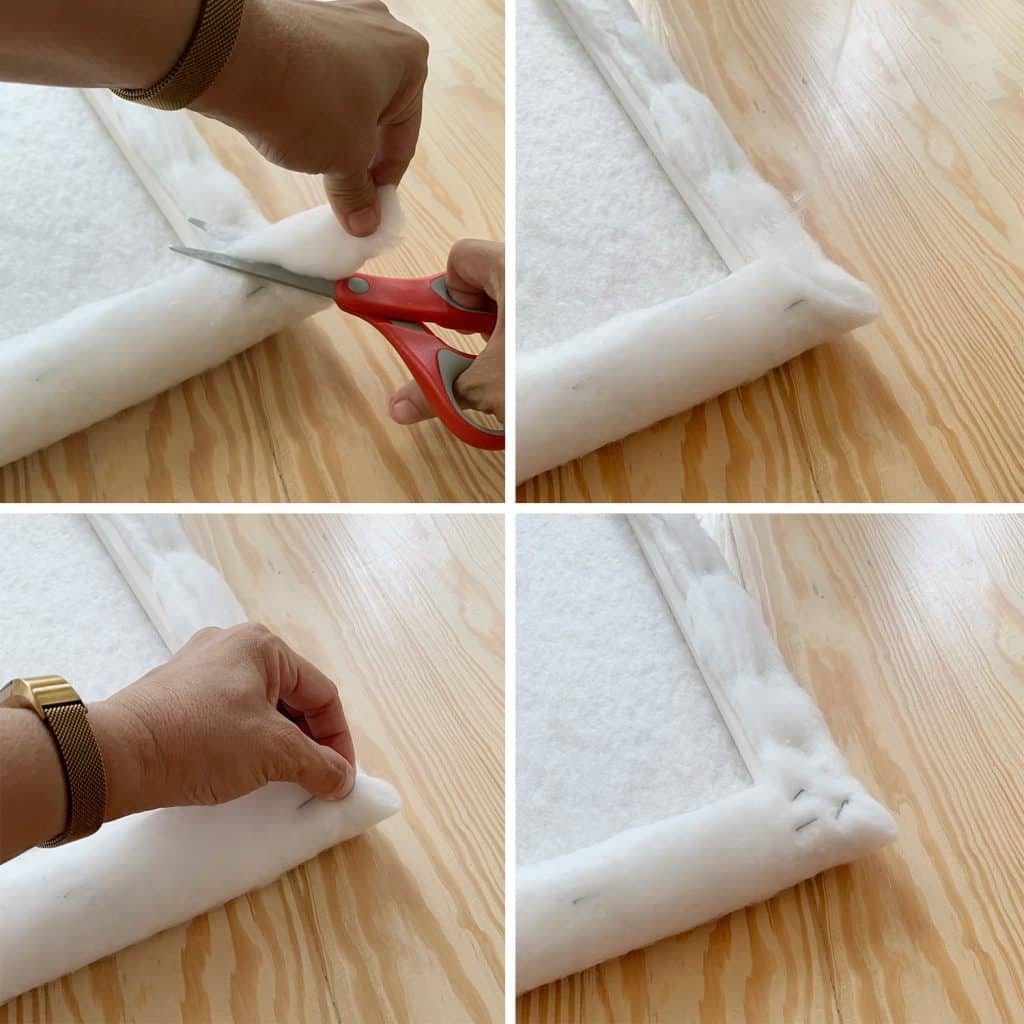 Step-by-step details of stapling and folding corner of fabric batting for Hands-on headboard project