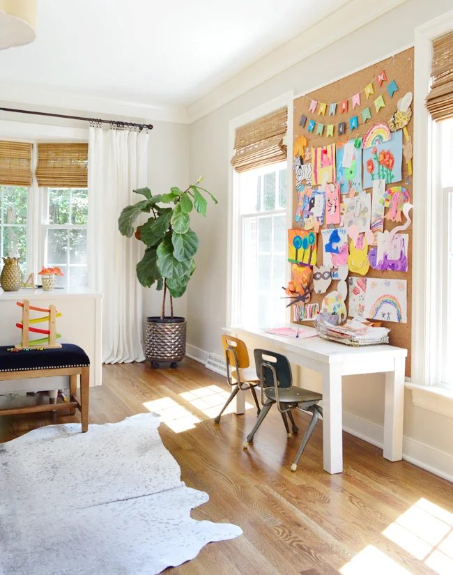 Downstairs Art Desk In Front Of Small Wall In Grown Up Office With Corkboard Hands-on Wall