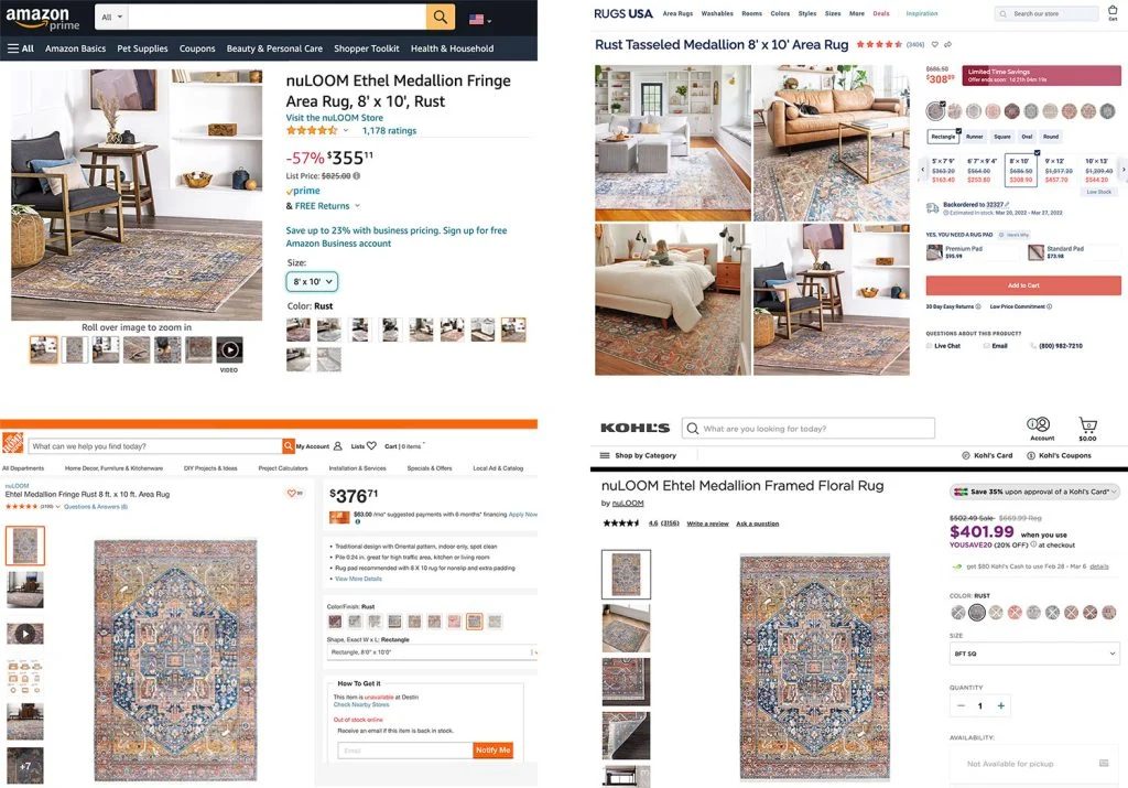 College Of The Same Rug On Various Websites Under Distinct Names | Amazon | RugsUSA | HomeDepot | Kohls