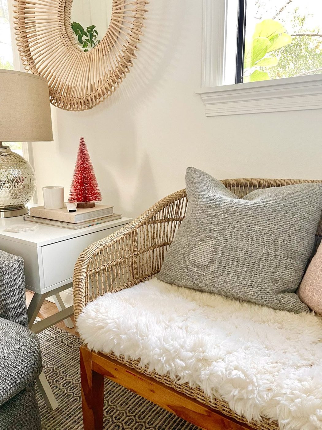 Woven loveseat with Hands-on sheepskin upholstered seat