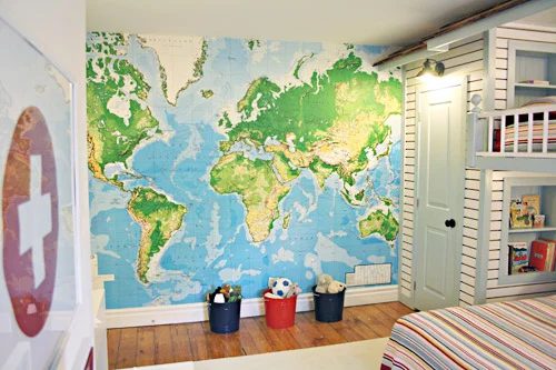 A Kids Bedroom Alongside Map Wallpaper & Bunk Beds