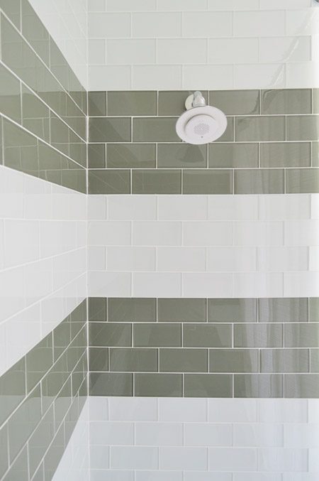 Striped Subway Tile Shower Effect Using Two Distinct Glass Tiles