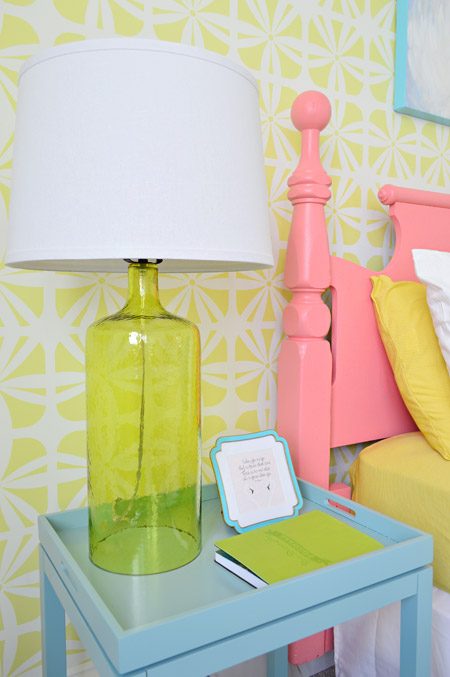 Detail Of Girls Nightstand With Pink Painted Headboard And Neon Wall Treatment