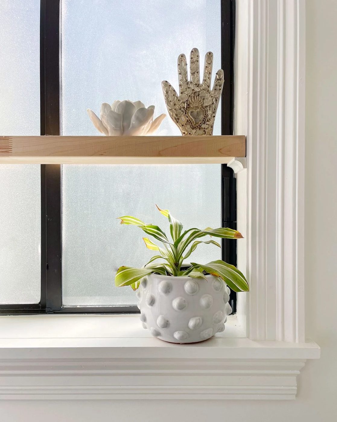 Floating Wood Shelf In Plain White Bathroom With Plants