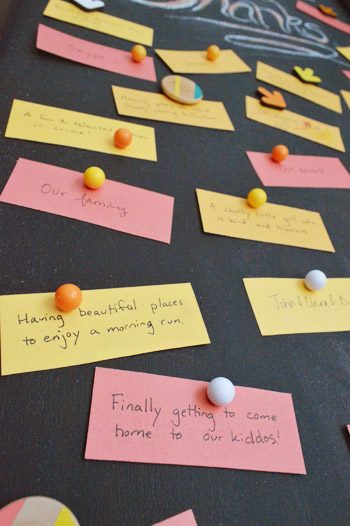 Close up of Thanksgiving gratitude notes on magnetic Hands-on chalkboard