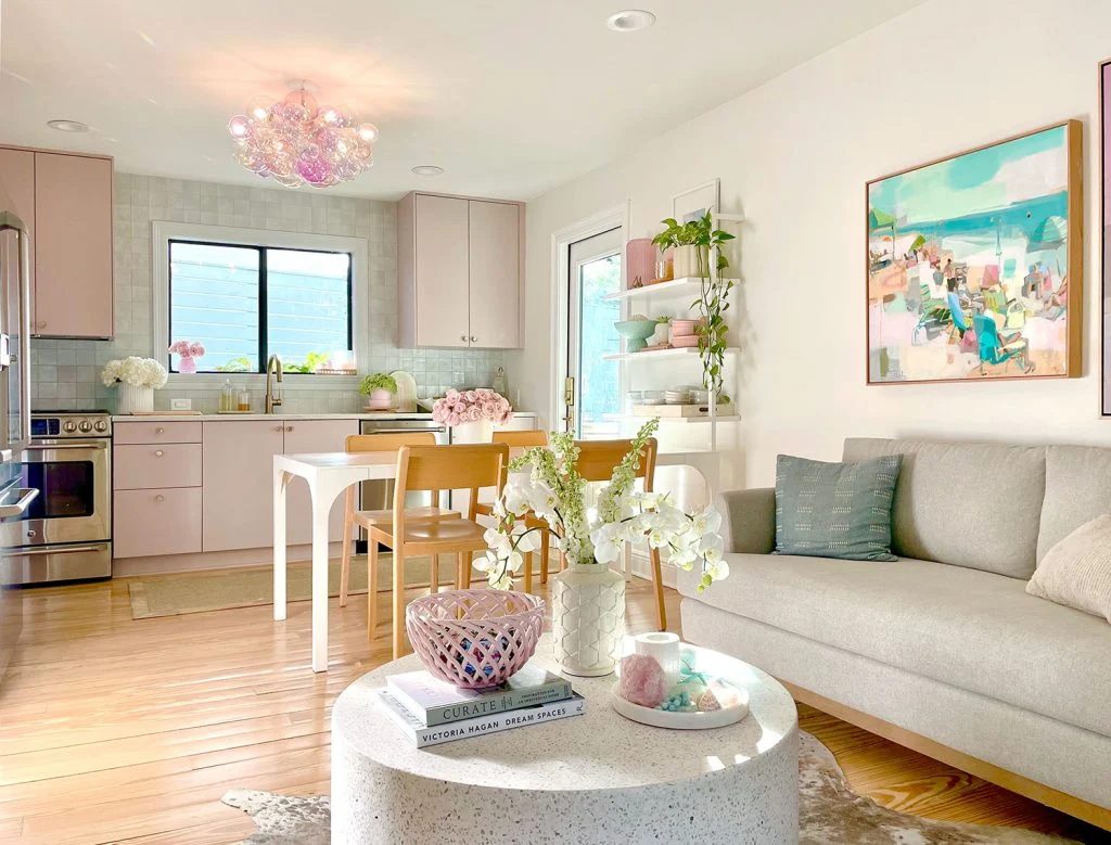 Small Ikea Kitchen With Loveseat Seating Area And Mauve Cabinets