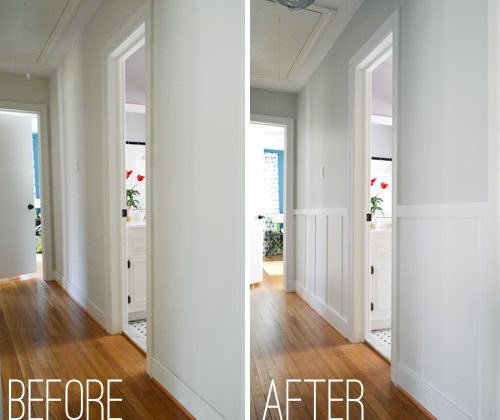 before and after of a plain hallway that was dressed up with do it yourself board and batten trim