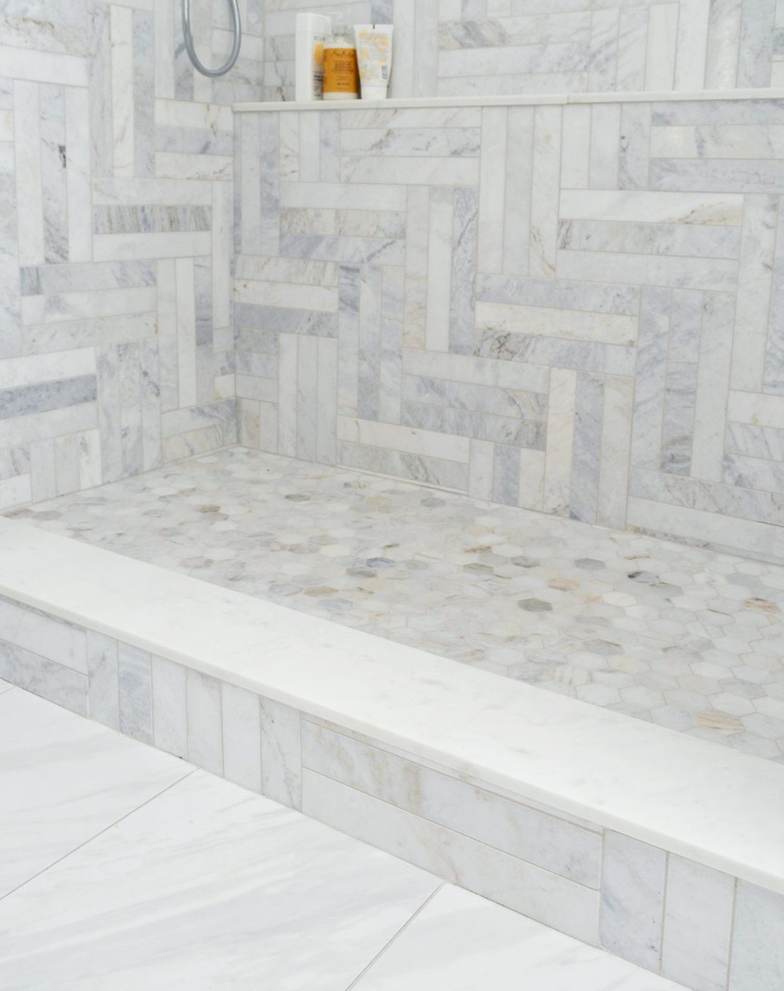 Marble Herringbone Modern Pattern In Walk In Shower With Hex Tile Floor