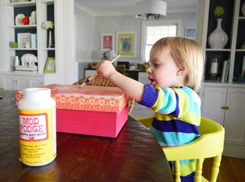 Decoupaging A Box Alongside Kid Art