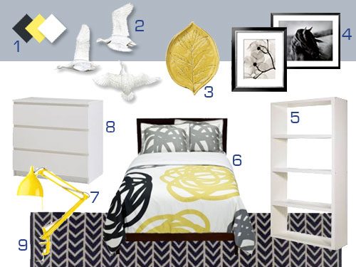 A Gray, White, & Yellow Bedroom Mood Board
