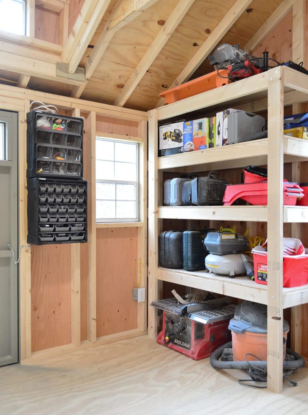 heavy duty garage shelves in shed with tools