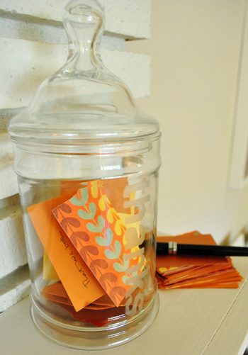 Wrapped up etched glass Thanks Jar With notes of gratitude inside