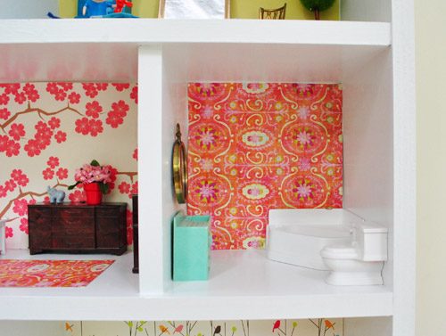Bathroom In Hands-on Dollhouse Build With Colorful Craft Paper Wallpaper