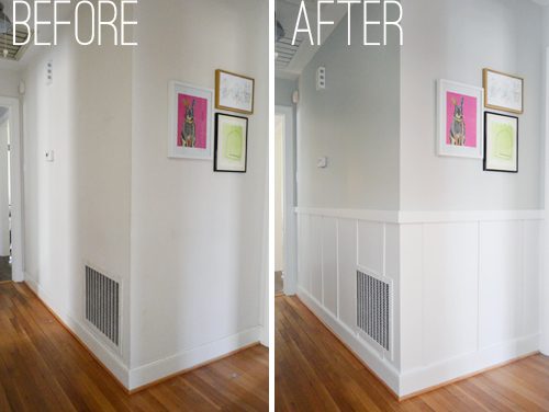 side by side comparison of a hallway that was updated with straightforward and affordable Hands-on board & batten