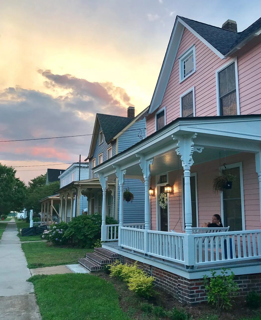 sunset in cape charles va with row of houses