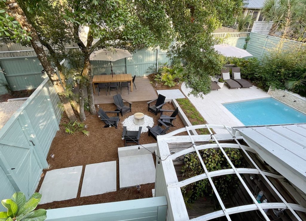 Overhead View Of Bigger Backyard From Front Porch With Pool AnD Dining Area
