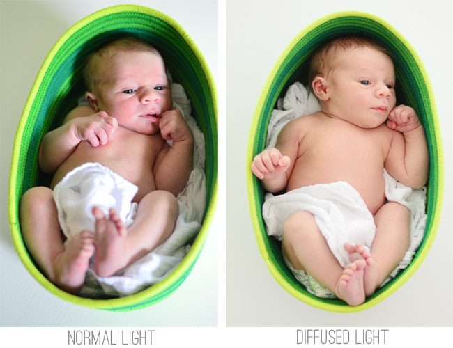 Side By Side Comparison Of Normal Harsh Light And Diffused Light For Hands-on Newborn Photos