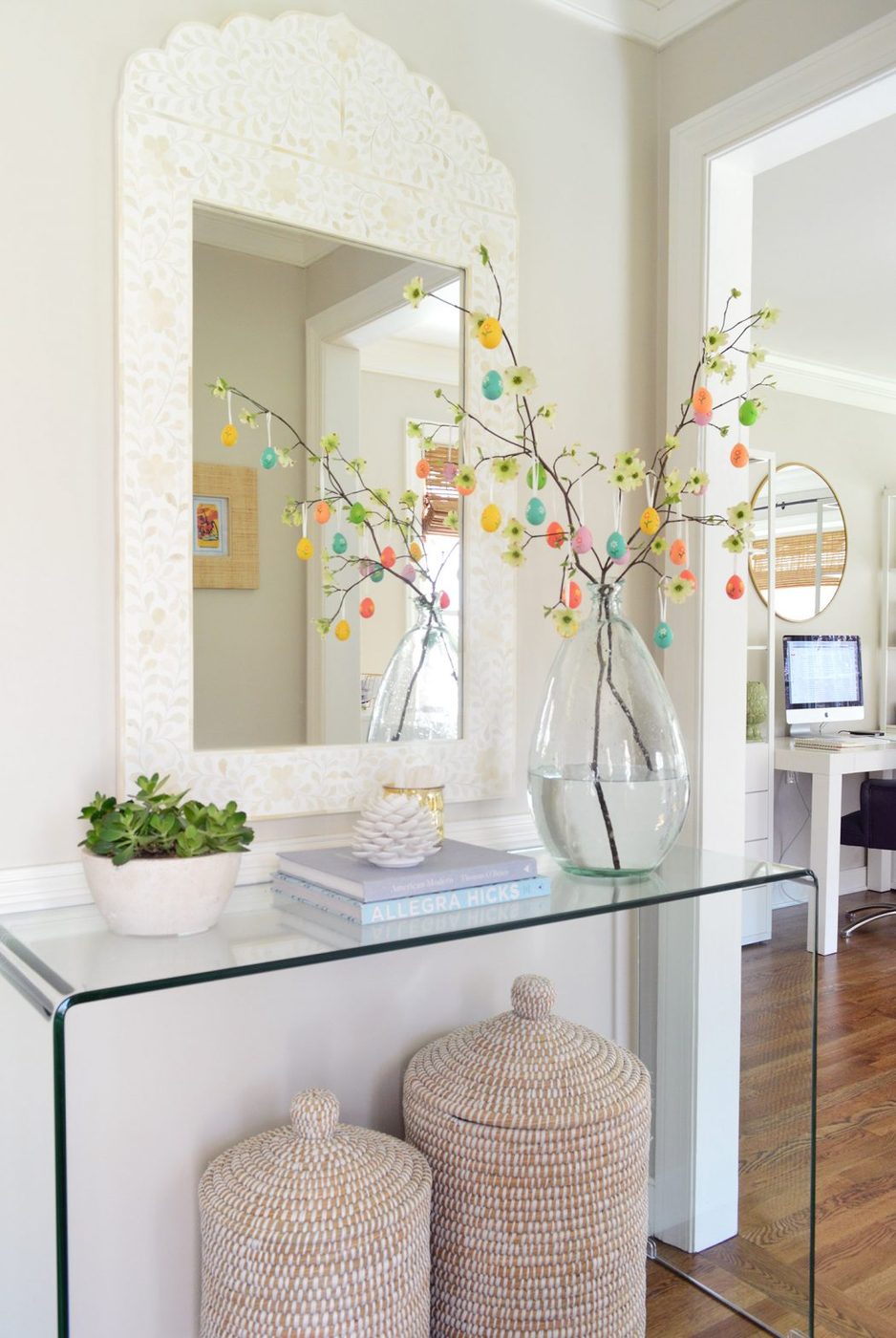 straightforward easter tree in neutral foyer